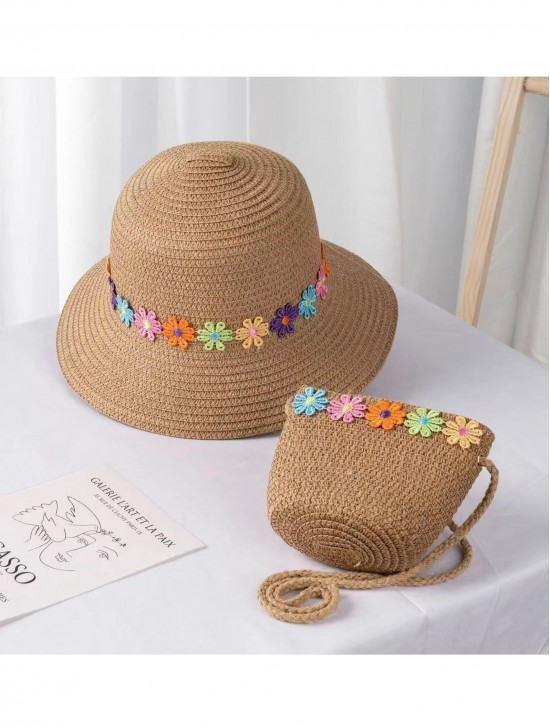 Kid Woven Sun Hat and Mini Bag W/ Flowers Set